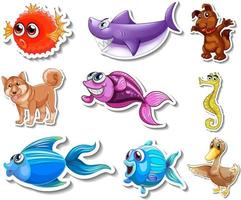 Set von Aufklebern mit Meerestieren und Hunden-Cartoon-Figur vektor