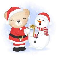Bär und Geschenk mit Schneemann, Weihnachtszeit auf Winterhintergrund vektor