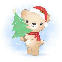 söt liten björn och julgran. vinter och jul vektor