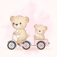 söt björn som cyklar med liten björn i släpvagn vektor