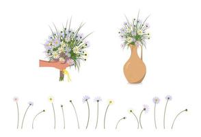 Hände mit Gänseblümchen. Lieferung eines Straußes und Blumen in einer Vase oder Kanne vektor