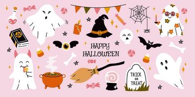 Rosa Halloween Konzept. einstellen isoliert süß bunt Hand gezeichnet Karikatur Elemente. Geister, Hut, Kessel, Schläger zum Kinder. nützlich zum Scrapbooking, Aufkleber, Gruß Karte, Party Einladung, und Poster vektor