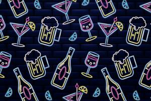 neon bar mönster. öl, tequila, flaskor och vin, på en tegel vägg bakgrund. vektor illustration lämplig för barer, pubar, restauranger, företag och Lycklig timme evenemang