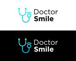Krankenhaus Gesundheit Arzt Stethoskop prüfen Lächeln Logo Design. vektor
