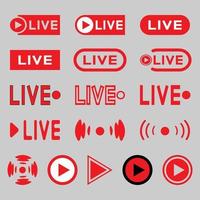 ikoner för direktsändning. röda symboler och knappar för direktsändning, sändning, onlinesändning, tv, program, filmer och liveframträdanden vektor