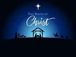 das Geburt von Christus mit Hirten und weise Männer. Geburt Szene, Silhouette von Jesus im Krippe vektor
