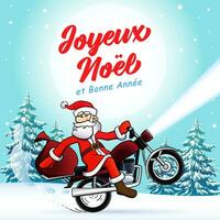 joyeux Noel et Bonne annee Französisch Text - - fröhlich Weihnachten und glücklich Neu Jahr Gruß Karte. Santa claus Radfahrer, Winter Ferien Banner vektor