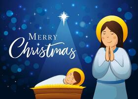 glad jul baner. nativity scen med Jesus i krubba, mary och stjärna. bibel berättelse av mary och födelse av bebis Kristus. konst teckning vektor illustration