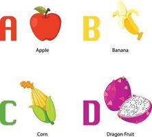 alfabetet en -d bokstav. äpple, banan, majs, drakefrukt. vektor
