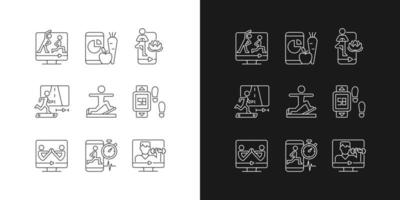 online fitness klasser linjära ikoner för mörkt och ljust läge. vektor