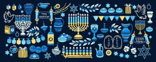 hanukkah -uppsättning. stor samling av hanukkah -symboler vektor