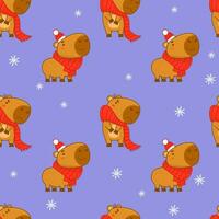 süß nahtlos Muster mit Winter Capybara im gestrickt Schal und Hut auf lila Hintergrund. Vektor Illustration zum Weihnachten Neu Jahr festlich Design, Hintergrund, Verpackung, Textil. Kinder Sammlung.