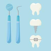 uppsättning av stomatologi, dental verktyg och tänder isolerat stock vektor illustration. tand implantera, med tandställning, vit. sjukvård, Utrustning