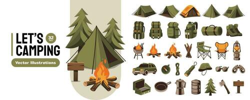 Camping Erholung Gang, Ausrüstung, Element und Werkzeuge Vektor Illustration einstellen Sammlung zum draussen Camping Abenteuer thematisch Designs