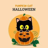 söt svart katt pumpa tecknad serie vektor ikon illustration. djur- halloween ikon begrepp isolerat premie vektor. platt tecknad serie stil proffs vektor