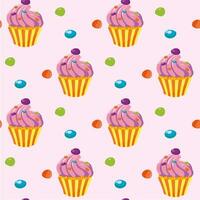 Hintergrund mit Rosa Cupcakes und bunt Süßigkeiten. süß Karikatur gebacken Waren. nahtlos Muster mit Süßigkeiten und Süßwaren. Vektor Illustration.