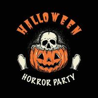 märka logotyp terar en skrämmande pumpa med en skalle ansikte för halloween vektor illustration