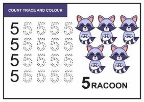 räkna spår och färg racoon nummer 5 vektor