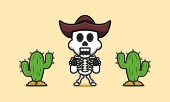 söt cowboy skelett tecknad ikon illustration vektor