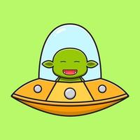 süßer Kobold, der eine UFO-Cartoon-Symbolillustration fährt vektor