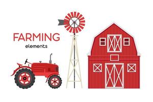 landwirtschaftliche Elemente. rote Scheune, Traktor, Windmühle.