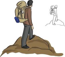 Mann wandert mit Rucksack, der auf dem Gipfel des Berges steht vektor