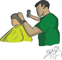 manlig frisör som klipper hår av en klientvektor vektor
