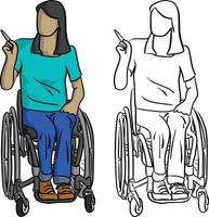 behinderte Teenager-Frau mit langen Haaren, die im Rollstuhl sitzt vektor