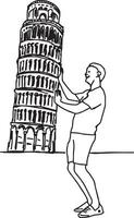 turist push lutande tornet i pisa - vektor illustration