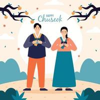 koreanskt par i traditionell dräkt på chuseokfestivalen vektor