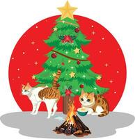 Weihnachten Illustration mit Katzen und Feuer vektor