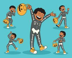 Junge tragen Skelett Halloween Kostüm Karikatur Charakter vektor