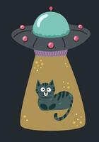 ein UFO entführt ein Katze, Ausländer. Vektor Illustration isoliert auf Weiß Hintergrund