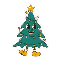 groovig 70er Jahre Weihnachten Aufkleber. Karikatur Charakter im modisch retro Stil, Comic Maskottchen. süß Weihnachten Baum vektor