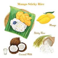 mango klibbigt ris, thailändsk dessertmeny vektor