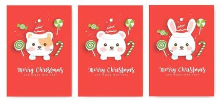 uppsättning julhälsningskort med söt björn, kanin och katt. vektor