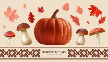 realistisch 3d Herbst einstellen von Kürbis, Pilze, Blätter. Herbst Symbole Sammlung vergiftet und essbar Pilze, Eiche, Ahorn rot Blatt. Design Elemente zum fallen Jahreszeit Banner, Karten, Einladung. nicht ai vektor