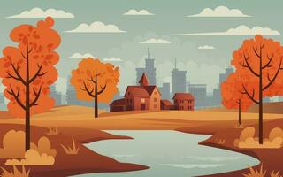 Herbst Landschaft, Stadt Silhouette. See, beschwingt Felder, Orange Bäume und ein charmant Landschaft Haus unter ein Herbst Himmel, perfekt zum Banner und Plakate feiern das Ernte Jahreszeit nicht ai vektor