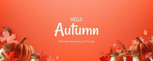 Banner Hallo Herbst. mit realistisch Abbildungen von Blätter, Kürbisse, Pilze, Eicheln, Kastanie, es ist perfekt zum Erstellen ein warm und saisonal Atmosphäre. nicht ai generiert. vektor