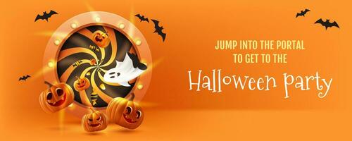 glücklich Halloween Vektor Bühne 3d Illustration. mit ein gespenstisch Banner Design mit Kürbisse, Fledermäuse, Geist und ein einzigartig Spiral- Form, es ist perfekt zum Urlaub Aktionen und Verkauf. nicht ai generiert.
