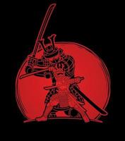 Silhouette Samurai Krieger japanischer Kämpfer Ronin mit Waffen Aktion vektor