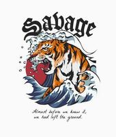 vild slogan med tiger i havet våg illustration vektor