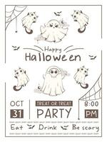 Halloween Party Einladung Poster mit süß kawaii Geist. Broschüre mit kalligraphisch Text. Halloween Charakter Vektor Illustration im Rosa retro Farben