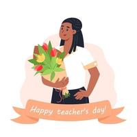 Happy Teacher Day, die Lehrerin hält einen Blumenstrauß in den Händen vektor