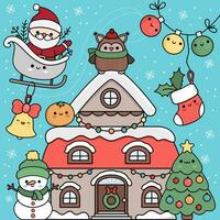 Vektor kawaii Weihnachten Szene mit Santa claus im Schlitten, dekoriert Haus, Tanne Baum, Schneemann, Schneeflocken. Neu Jahr Illustration. komisch Winter Urlaub Party Konzept zum Kinder