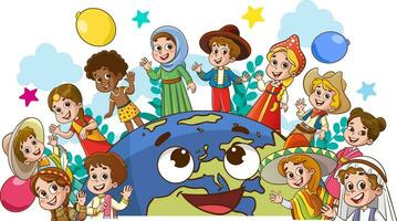 vektor illustration av cirkel av Lycklig barn annorlunda raser. mångkulturella barn och värld.