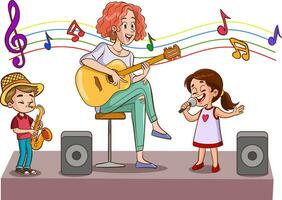 Vektor Illustration von Frau spielen Gitarre und Singen Kinder