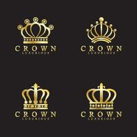 guld krona ikoner. drottning kung gyllene kronor lyx logotyp design vektor på svart bakgrund