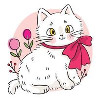 Hand zeichnen Cartoon süße weiße Katze und süßer Blumenvektor. vektor