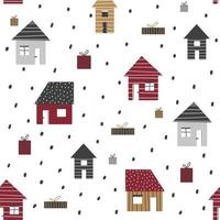 tecknat sömlöst mönster med hus och träd, julstämning. vektor